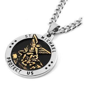 Chain St Michael The Archangel Stainless Steel Amulet Pendant Necklace 22+2"